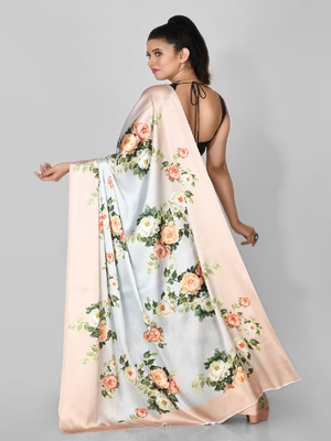 Sky Blue Printed Satin Saree With Blouse 2
