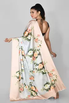 Sky Blue Printed Satin Saree With Blouse