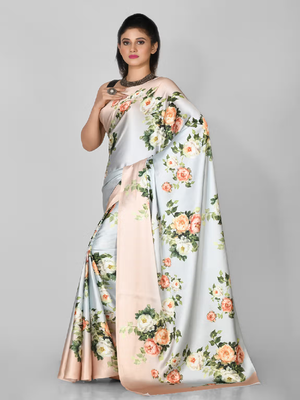 Sky Blue Printed Satin Saree With Blouse 3