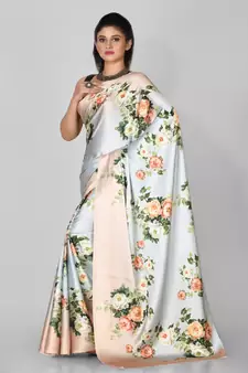 Sky Blue Printed Satin Saree With Blouse