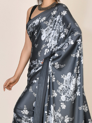 Dark Grey Printed Satin Saree With Blouse 1