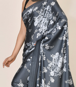 Dark Grey Printed Satin Saree With Blouse