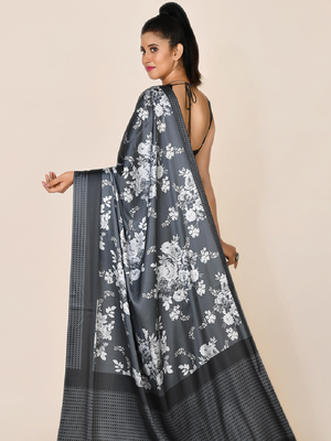 Dark Grey Printed Satin Saree With Blouse 2