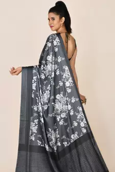 Dark Grey Printed Satin Saree With Blouse