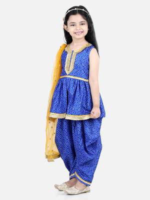 BownBee BandhaniSilk Blend Peplum Style Kurti Dhoti Dupatta for Girls- Blue 1