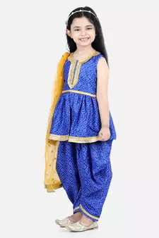 BownBee BandhaniSilk Blend Peplum Style Kurti Dhoti Dupatta for Girls- Blue