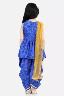BownBee BandhaniSilk Blend Peplum Style Kurti Dhoti Dupatta for Girls- Blue