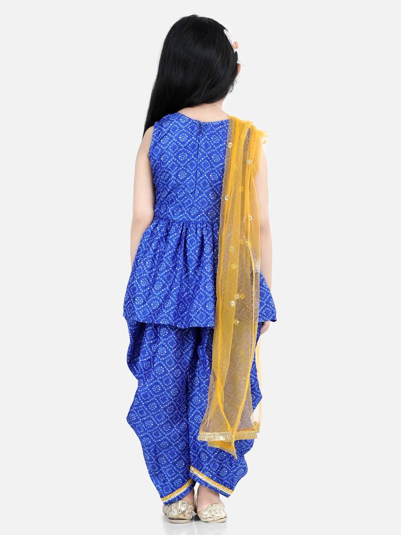 BownBee BandhaniSilk Blend Peplum Style Kurti Dhoti Dupatta for Girls- Blue