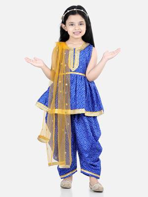 BownBee BandhaniSilk Blend Peplum Style Kurti Dhoti Dupatta for Girls- Blue 4