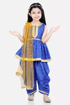 BownBee BandhaniSilk Blend Peplum Style Kurti Dhoti Dupatta for Girls- Blue