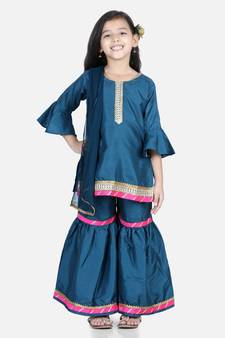BownBee Bell SleeveSilk Blend Kurti Sharara Dupatta for Girls- Blue
