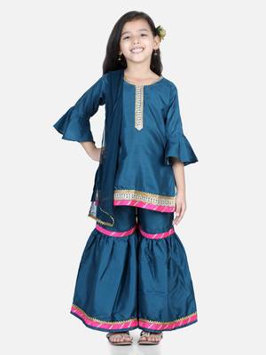 BownBee Bell SleeveSilk Blend Kurti Sharara Dupatta for Girls- Blue 1
