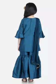 BownBee Bell SleeveSilk Blend Kurti Sharara Dupatta for Girls- Blue