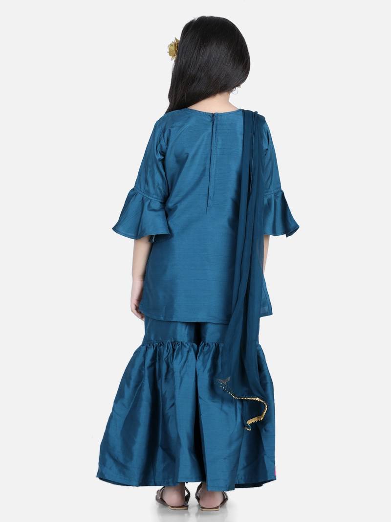 BownBee Bell SleeveSilk Blend Kurti Sharara Dupatta for Girls- Blue