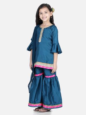 BownBee Bell SleeveSilk Blend Kurti Sharara Dupatta for Girls- Blue 3