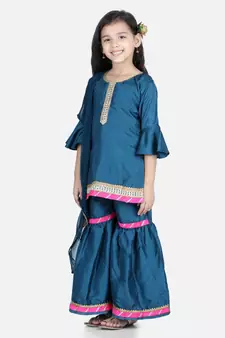 BownBee Bell SleeveSilk Blend Kurti Sharara Dupatta for Girls- Blue