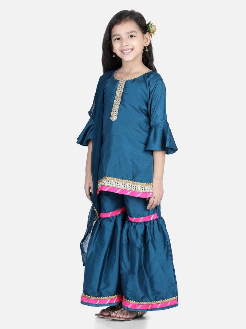 BownBee Bell SleeveSilk Blend Kurti Sharara Dupatta for Girls- Blue