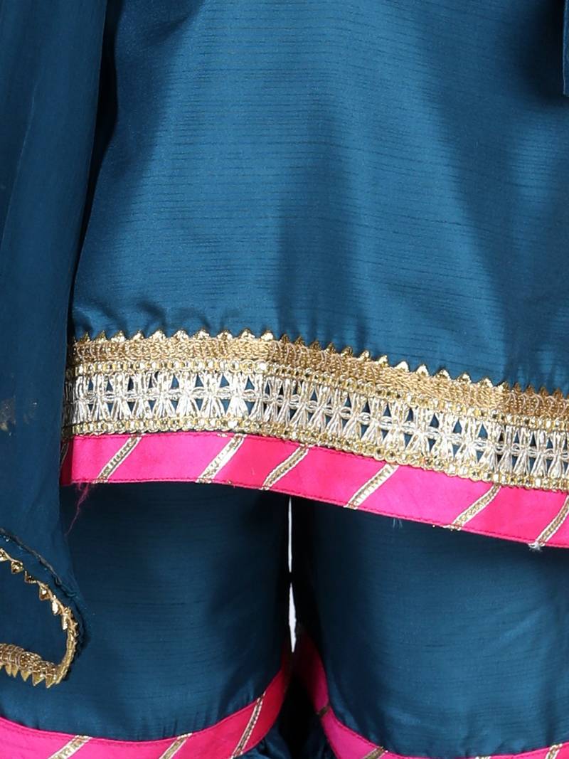 BownBee Bell SleeveSilk Blend Kurti Sharara Dupatta for Girls- Blue