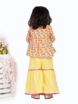 BownBee BownBee Block Print Cotton Angrakha with Sharara- Yellow 2