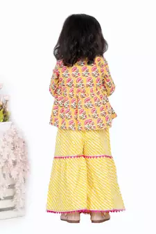 BownBee BownBee Block Print Cotton Angrakha with Sharara- Yellow