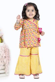 BownBee BownBee Block Print Cotton Angrakha with Sharara- Yellow