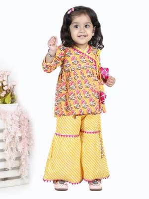 BownBee BownBee Block Print Cotton Angrakha with Sharara- Yellow 1