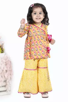 BownBee BownBee Block Print Cotton Angrakha with Sharara- Yellow