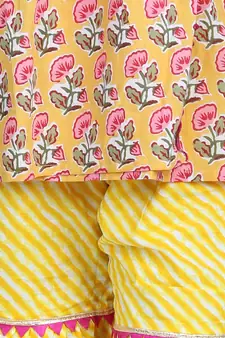 BownBee BownBee Block Print Cotton Angrakha with Sharara- Yellow