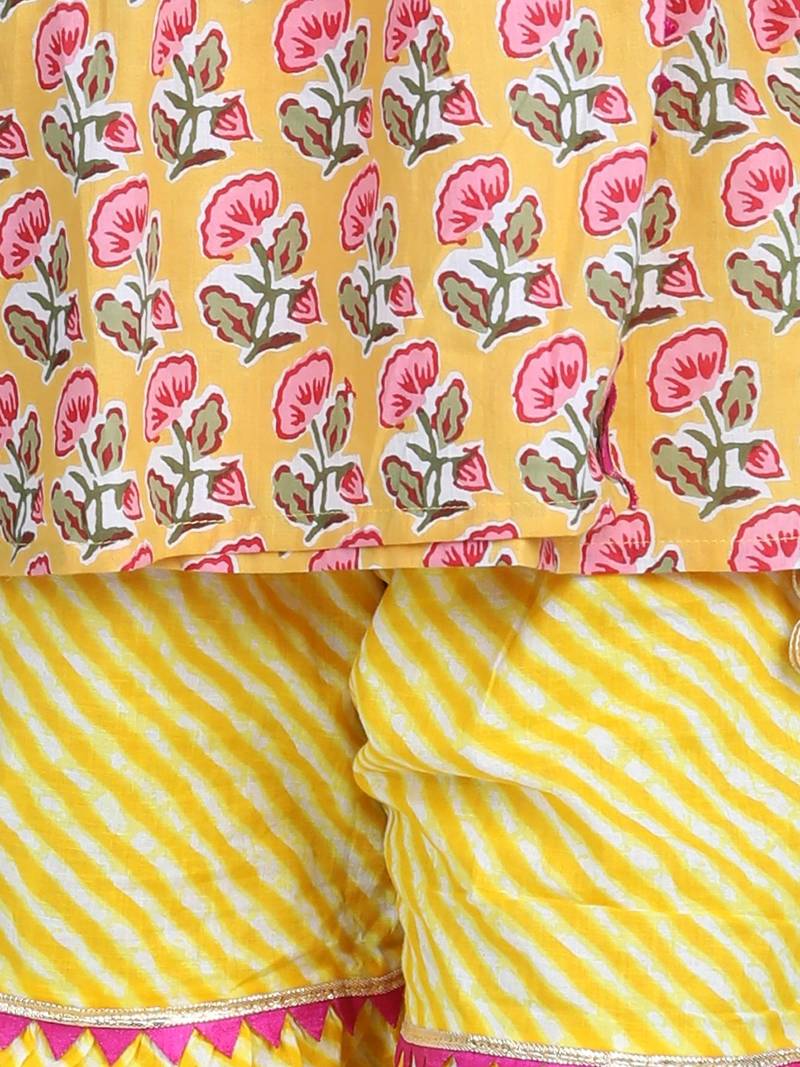 BownBee BownBee Block Print Cotton Angrakha with Sharara- Yellow
