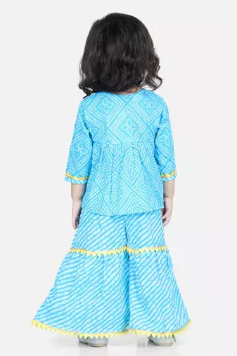 BownBee BownBee Block Print Cotton Angrakha with Sharara- Blue