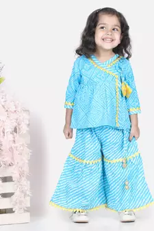 BownBee BownBee Block Print Cotton Angrakha with Sharara- Blue