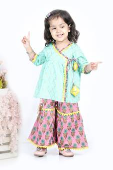 BownBee BownBee Block Print Cotton Angrakha with Sharara- Green