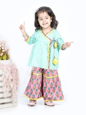 BownBee BownBee Block Print Cotton Angrakha with Sharara- Green 1