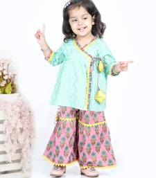 BownBee BownBee Block Print Cotton Angrakha with Sharara- Green