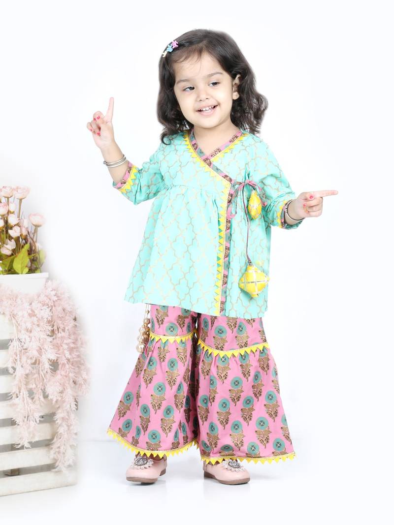 BownBee BownBee Block Print Cotton Angrakha with Sharara- Green