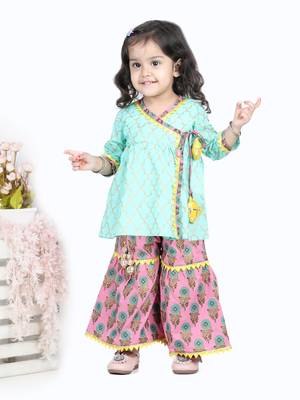 BownBee BownBee Block Print Cotton Angrakha with Sharara- Green 3