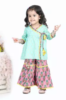 BownBee BownBee Block Print Cotton Angrakha with Sharara- Green