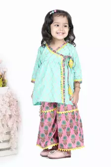 BownBee BownBee Block Print Cotton Angrakha with Sharara- Green