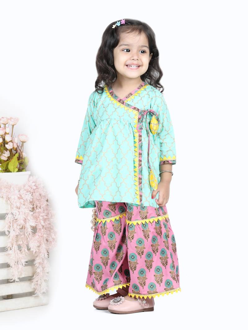 BownBee BownBee Block Print Cotton Angrakha with Sharara- Green
