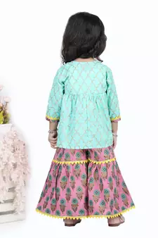 BownBee BownBee Block Print Cotton Angrakha with Sharara- Green