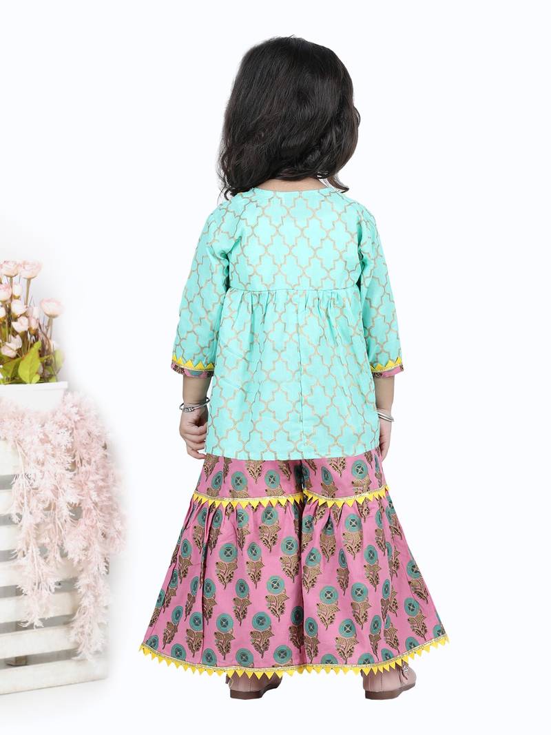 BownBee BownBee Block Print Cotton Angrakha with Sharara- Green