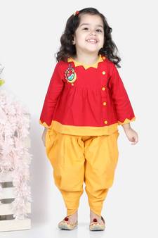 BownBee Mor Embroidery Top Dhoti For Girls- Red