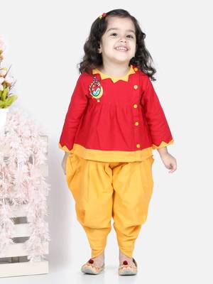 BownBee Mor Embroidery Top Dhoti For Girls- Red 1
