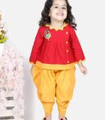BownBee Mor Embroidery Top Dhoti For Girls- Red