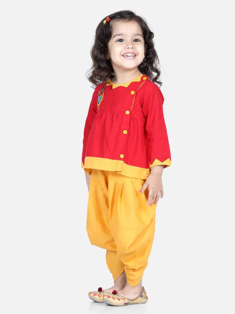 BownBee Mor Embroidery Top Dhoti For Girls- Red