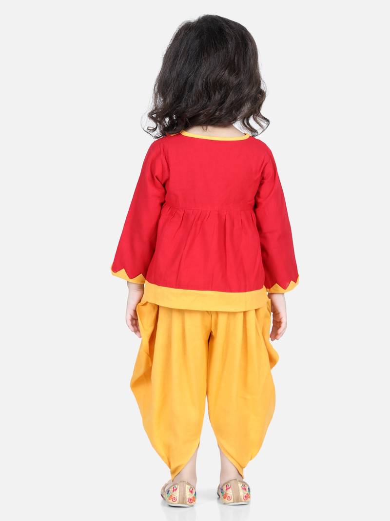BownBee Mor Embroidery Top Dhoti For Girls- Red