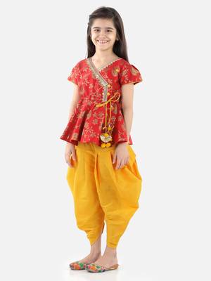 BownBee Girls Jacquard Half Sleeve Peplum WithSilk Blend Dhoti- Red 1