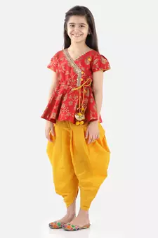 BownBee Girls Jacquard Half Sleeve Peplum WithSilk Blend Dhoti- Red