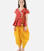 BownBee Girls Jacquard Half Sleeve Peplum WithSilk Blend Dhoti- Red