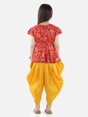 BownBee Girls Jacquard Half Sleeve Peplum WithSilk Blend Dhoti- Red 2